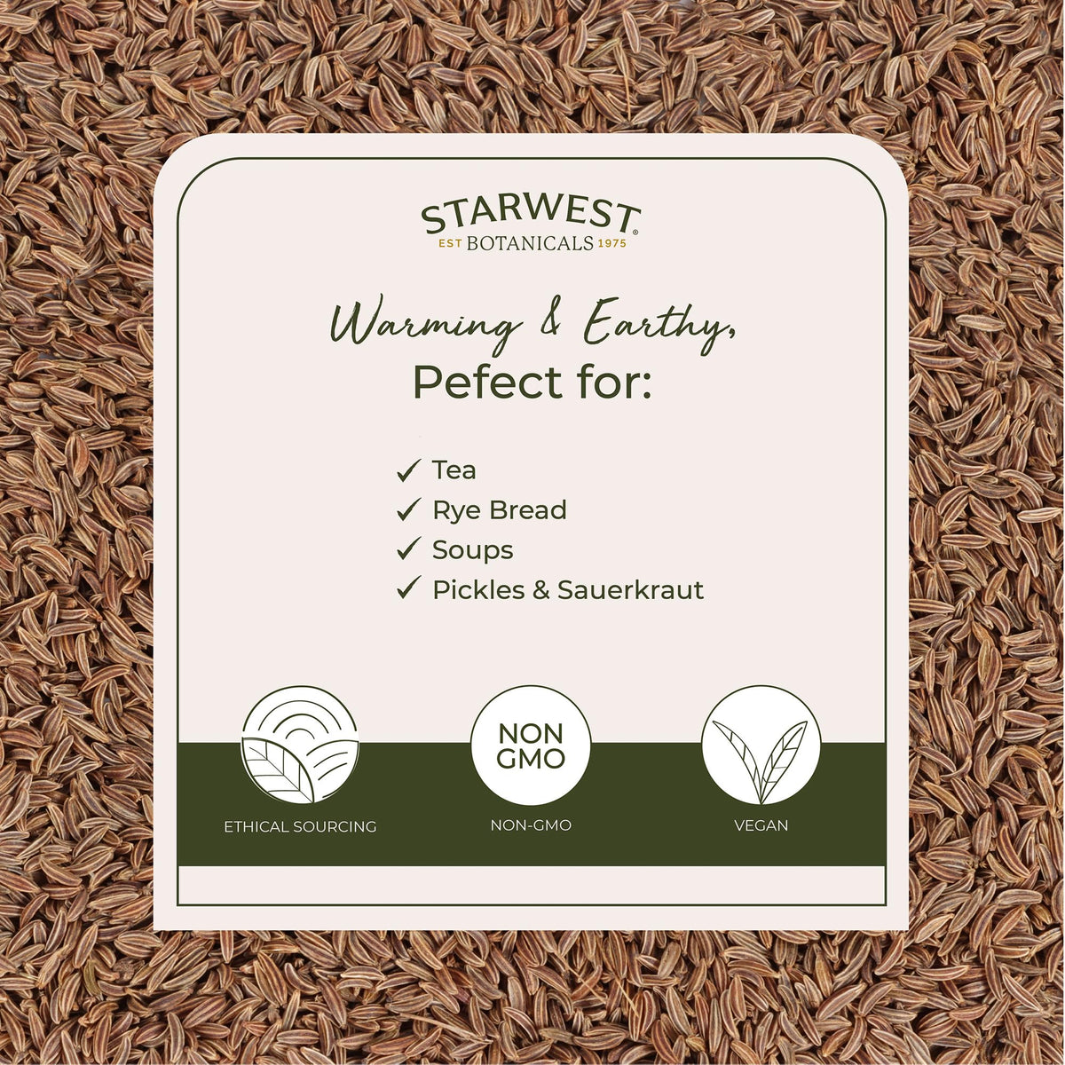 Starwest Botanicals organic Kosher caraway, resealable bag for baking use