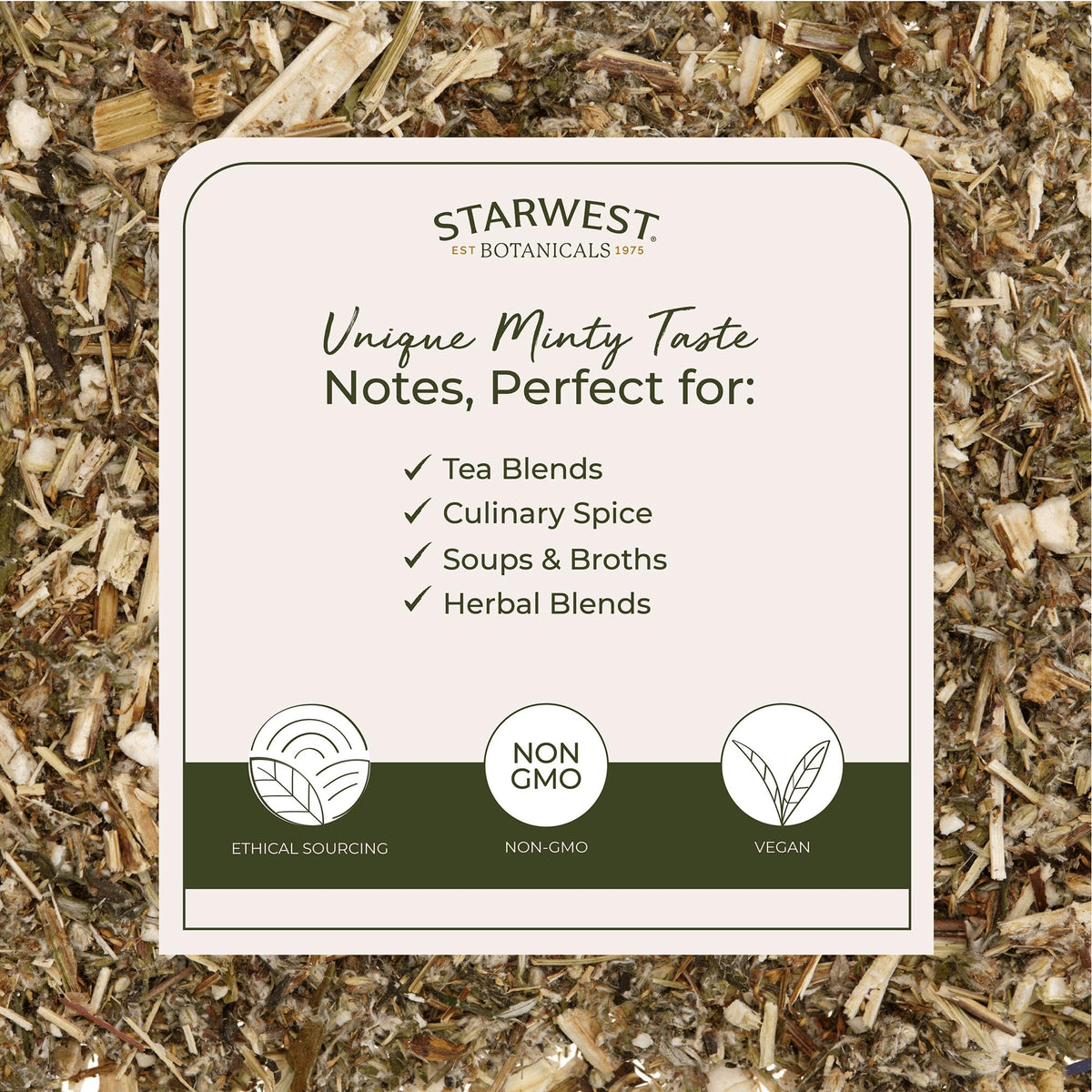 Organic mugwort from Starwest, kosher-certified for clean herbal use.