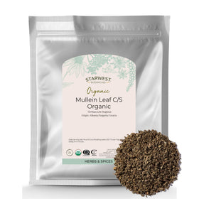 Starwest Botanicals Organic Mullein Leaf bag close-up, premium dried herb for tea.