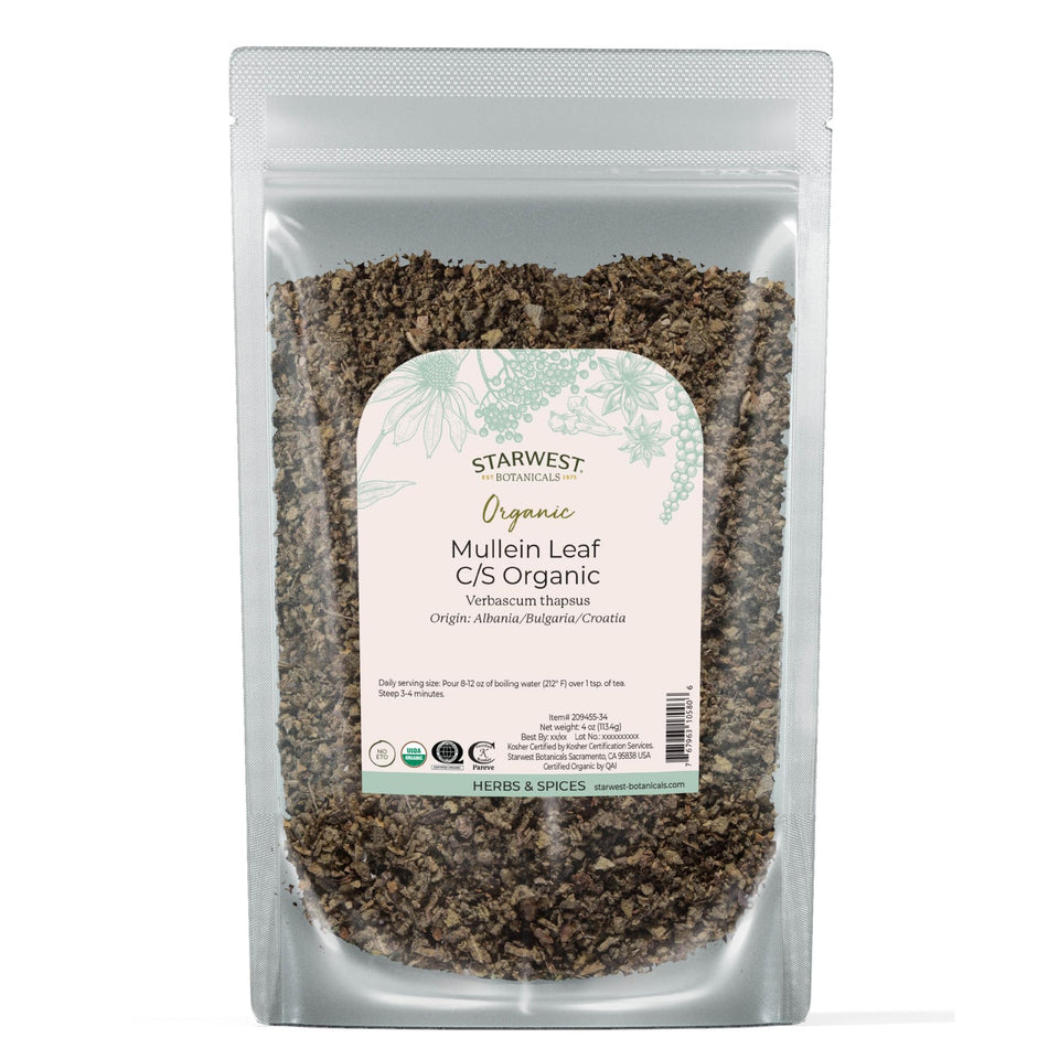 Starwest Botanicals Organic Mullein Leaf Cut & Sifted bag with organic certification label