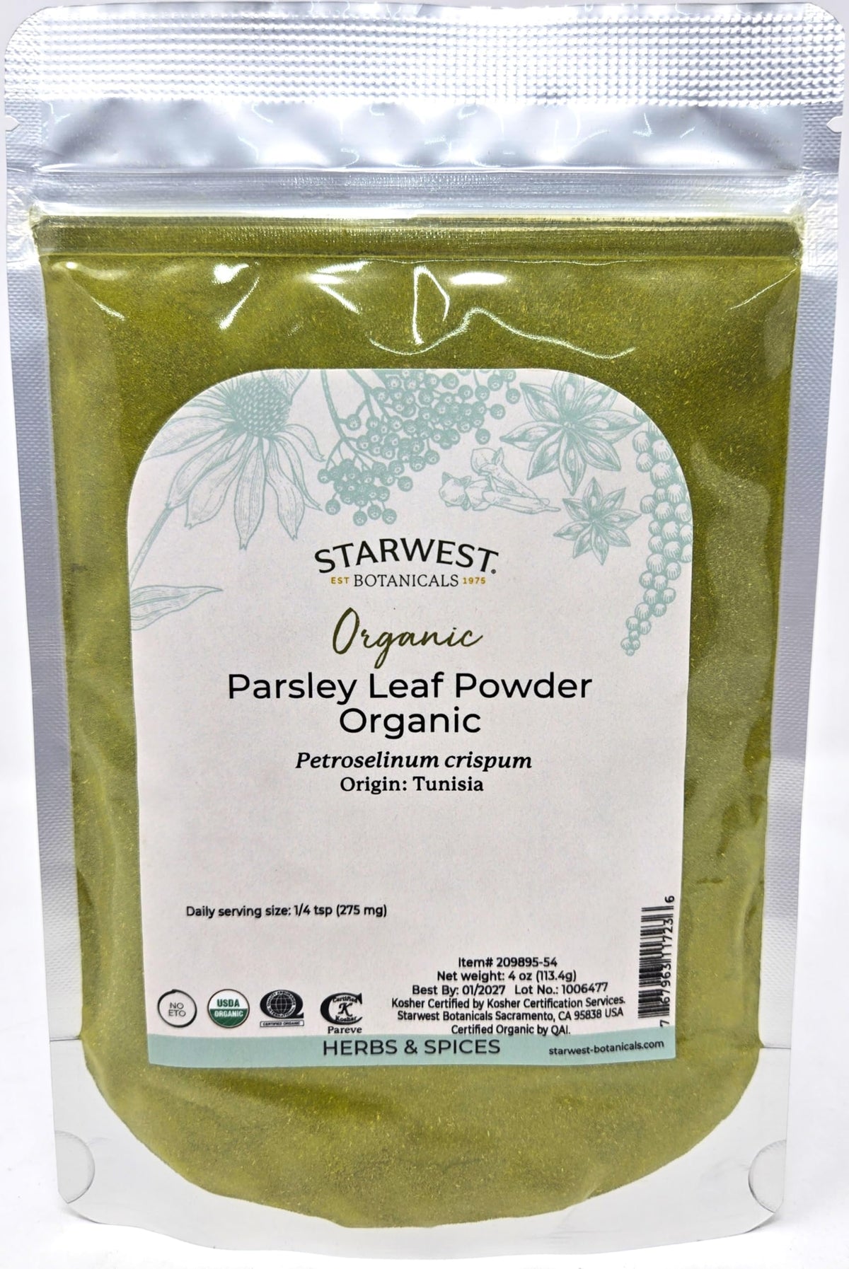 Starwest Botanicals Organic Parsley Leaf Powder in a jar adds fresh herb flavor.