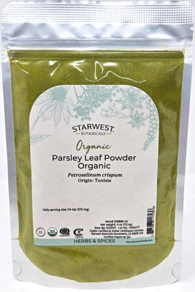 Starwest Botanicals Organic Parsley Leaf Powder in a jar adds fresh herb flavor.