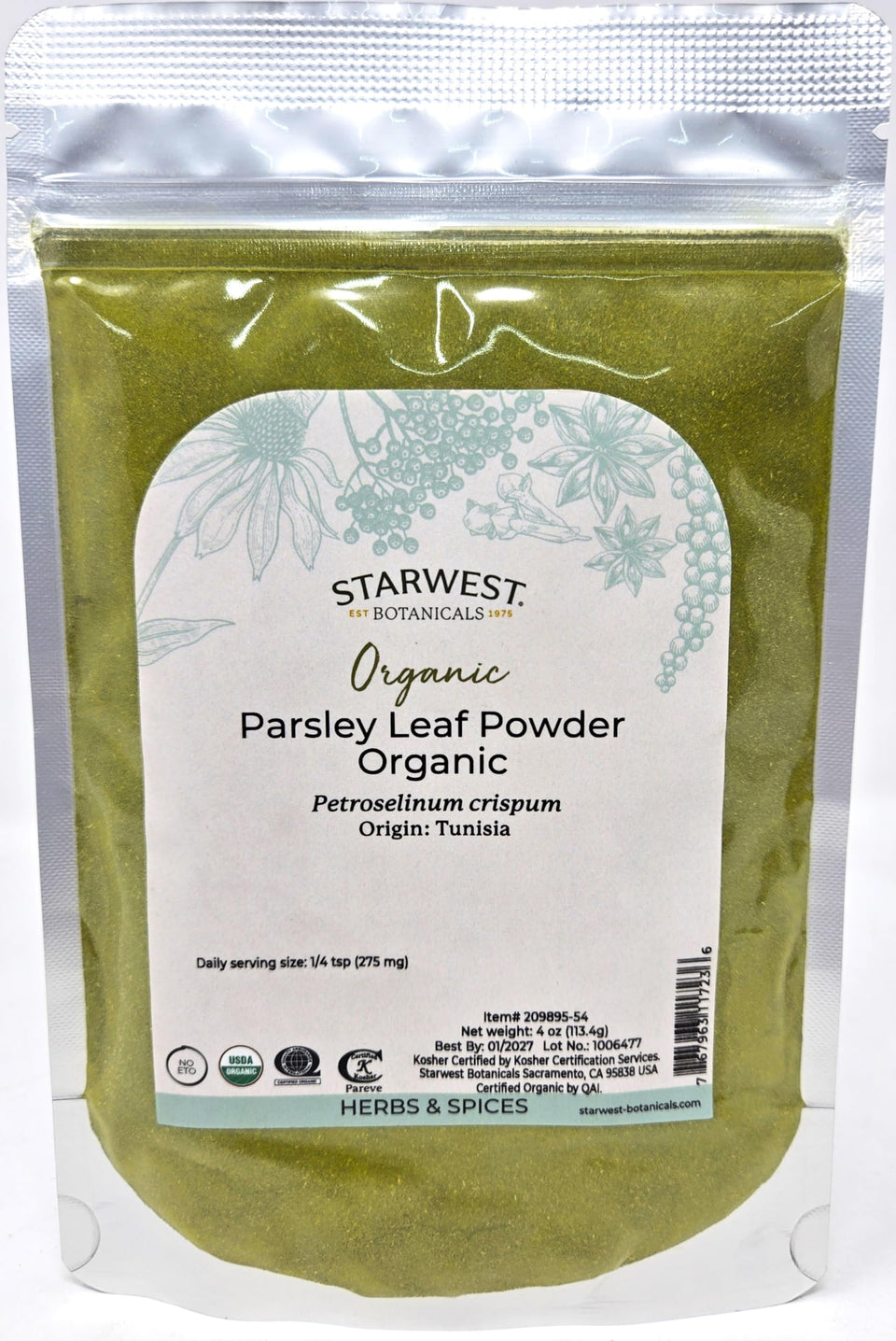 Starwest Botanicals Organic Parsley Leaf Powder in a jar adds fresh herb flavor.