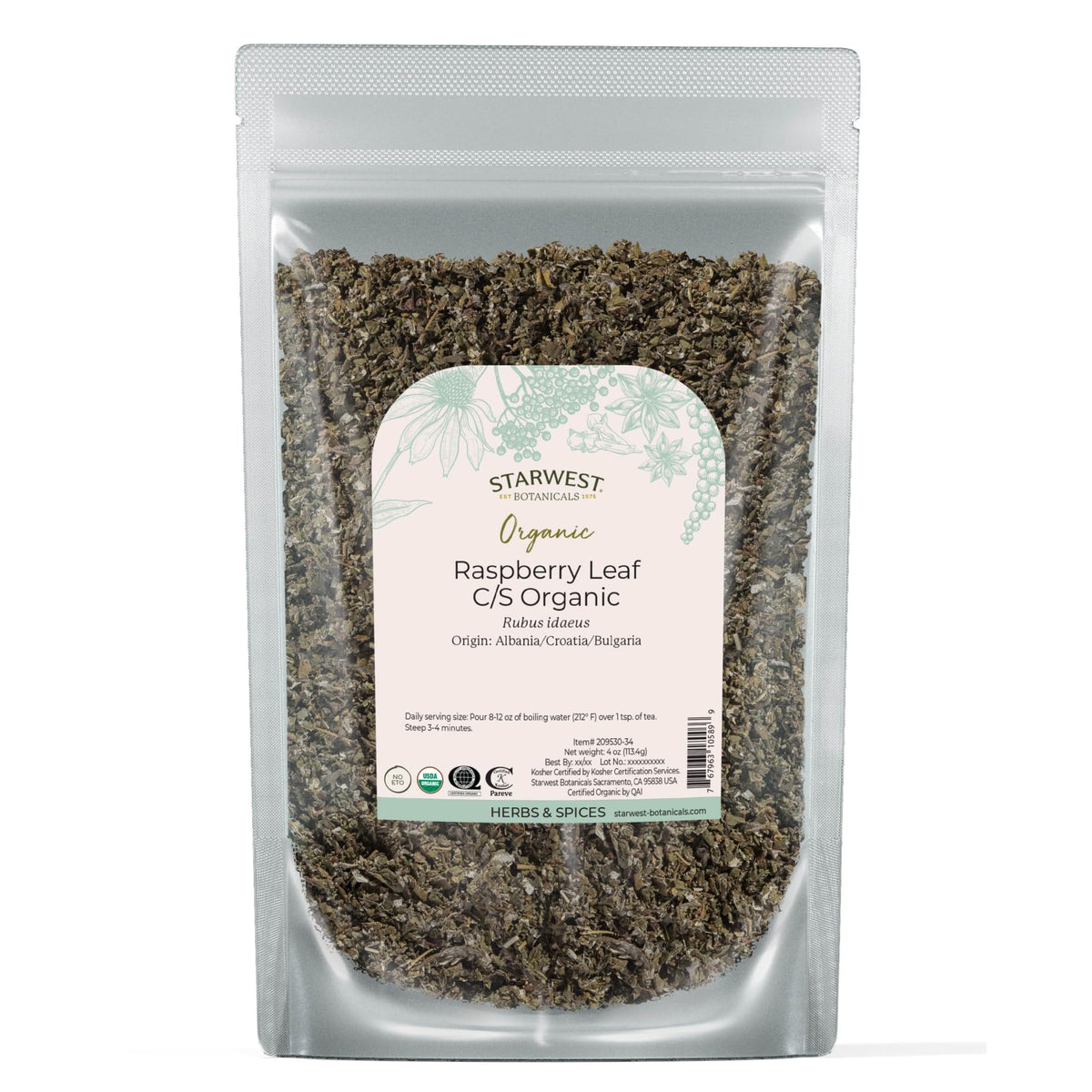 Starwest Botanicals organic raspberry leaf tea loose leaf for caffeine-free herbal option