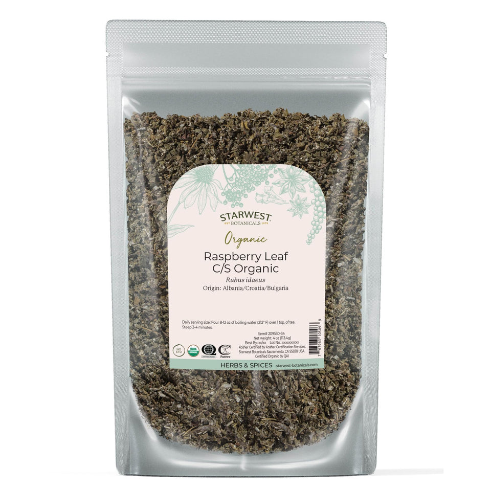 Starwest Botanicals organic raspberry leaf tea loose leaf for caffeine-free herbal option