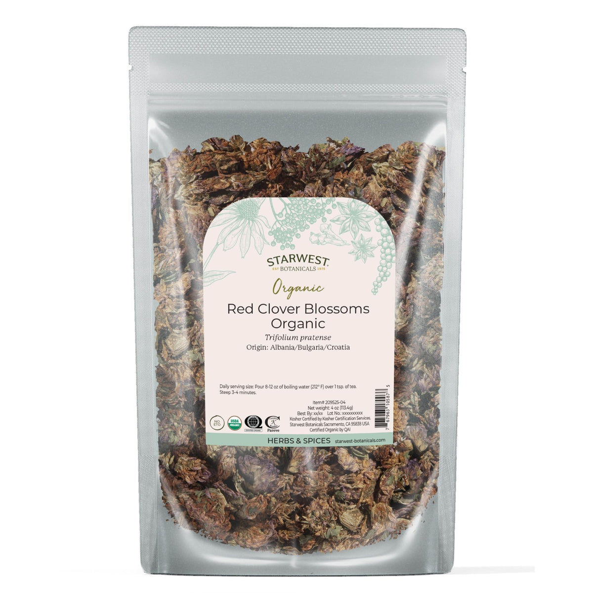 Starwest Botanicals Red Clover Blossoms package with vibrant organic blooms for tea