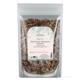 Starwest Botanicals Red Clover Blossoms package with vibrant organic blooms for tea