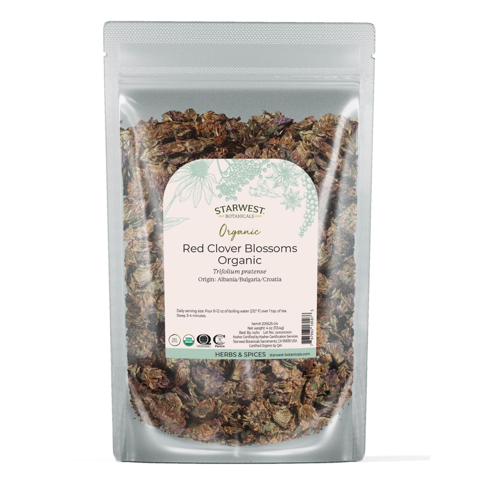 Starwest Botanicals Red Clover Blossoms package with vibrant organic blooms for tea