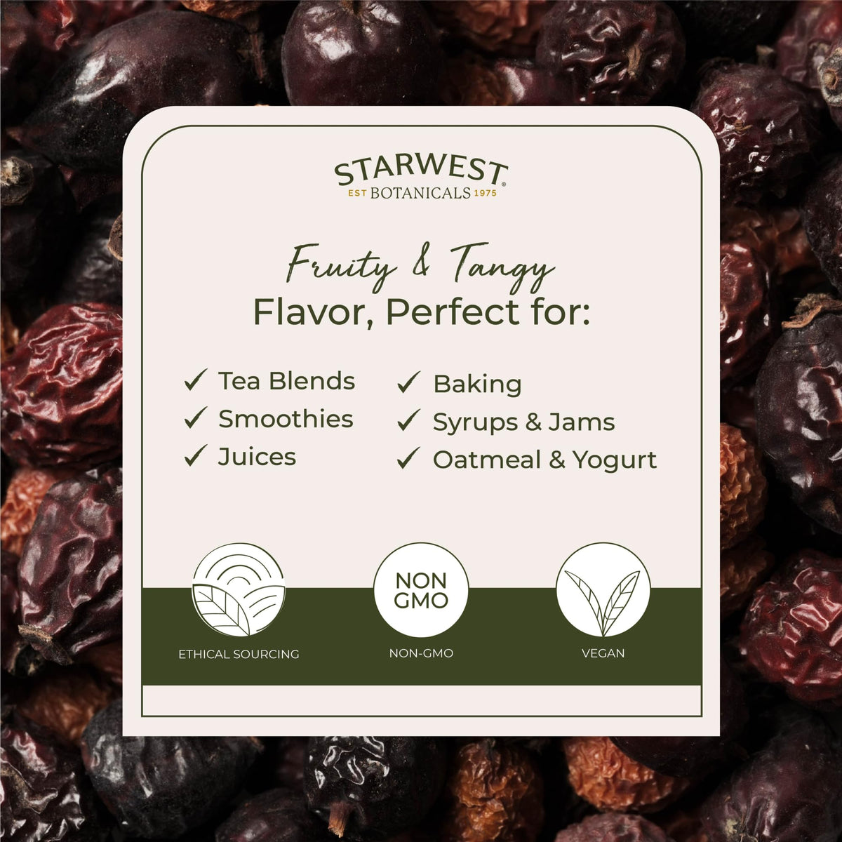 Starwest Botanicals Rosehips dried herb for tea infusion with floral aroma.