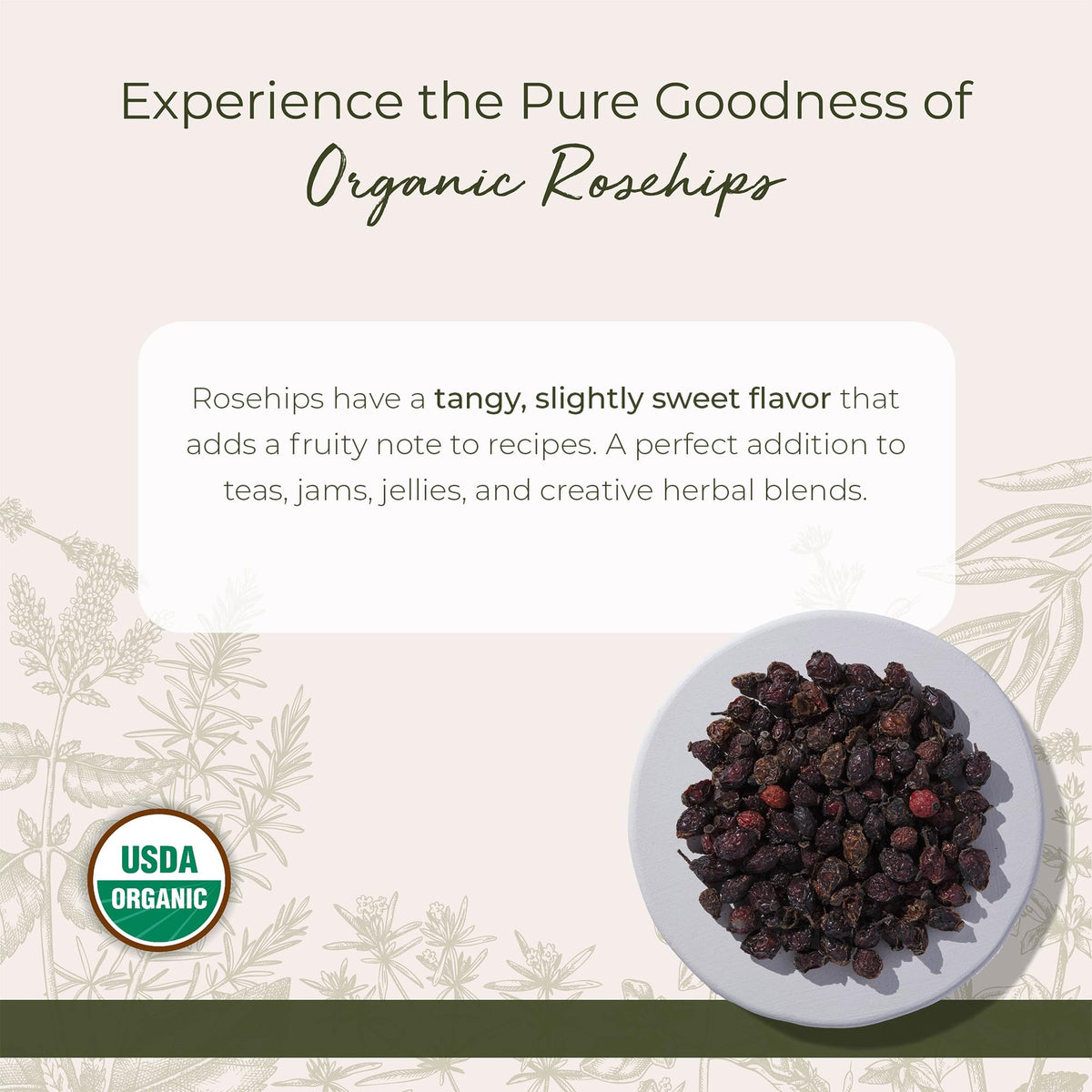 Starwest Botanicals Rosehips seedless cut-sifted for smooth blends in tea and jams.