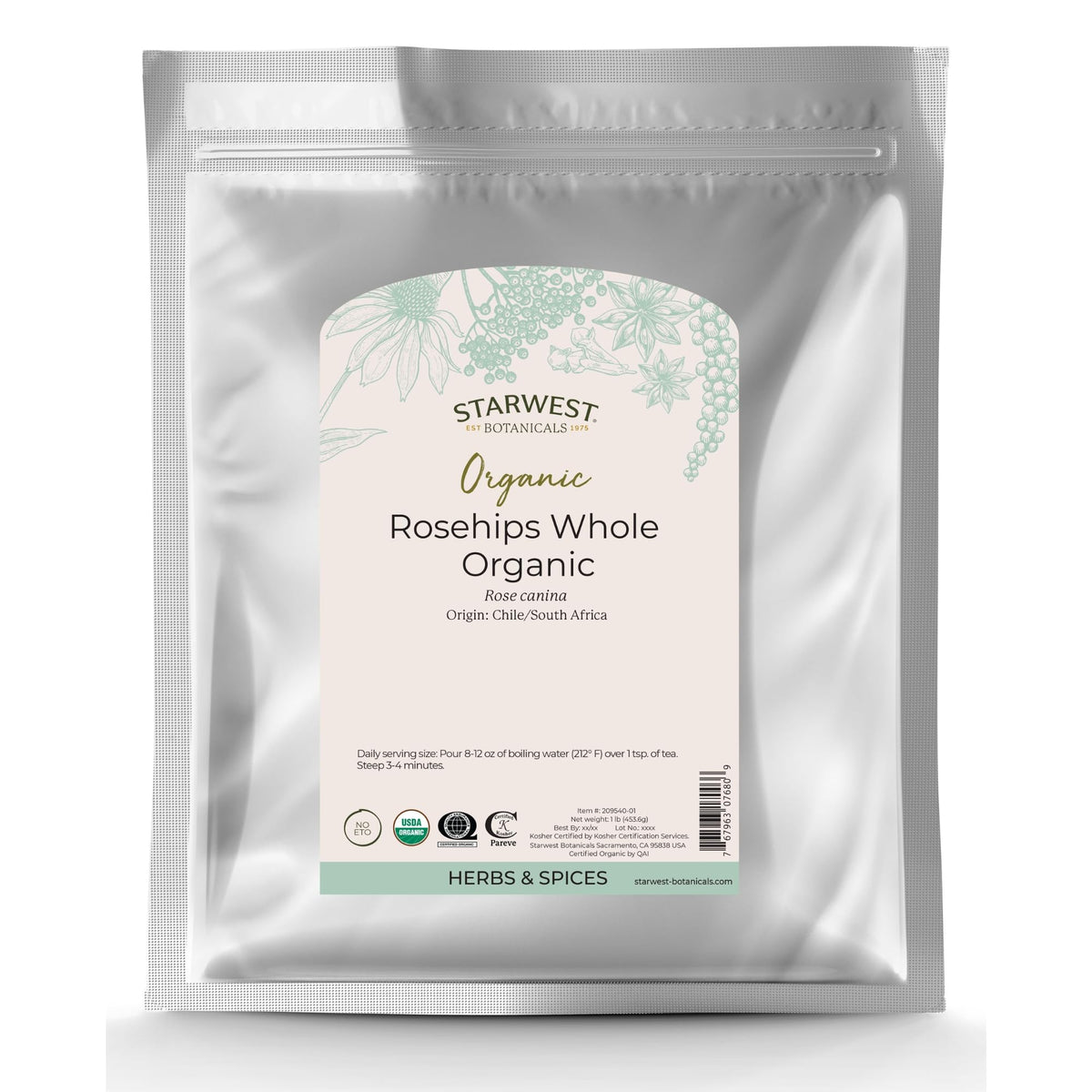 Starwest Botanicals Rosehips whole organic bag for tea and baking, bright tart flavor.
