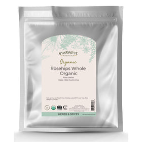 Starwest Botanicals Rosehips whole organic bag for tea and baking, bright tart flavor.