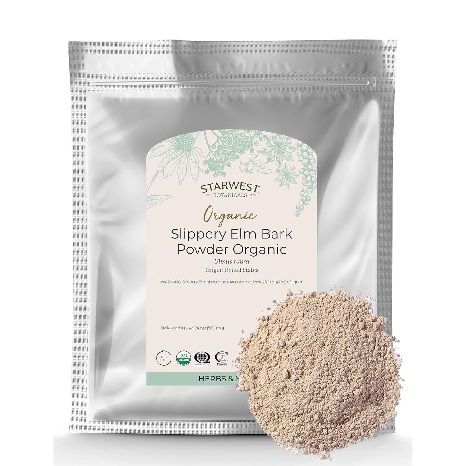 Starwest Botanicals slippery elm powder pack for tea and recipes.
