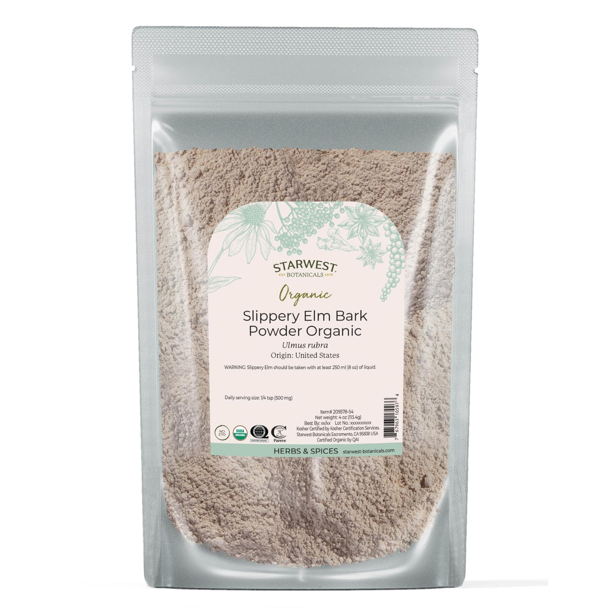 Starwest Botanicals slippery elm bark powder pouch for versatile tea and blends