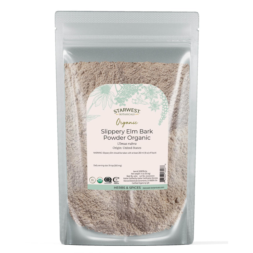 Starwest Botanicals slippery elm bark powder pouch for versatile tea and blends