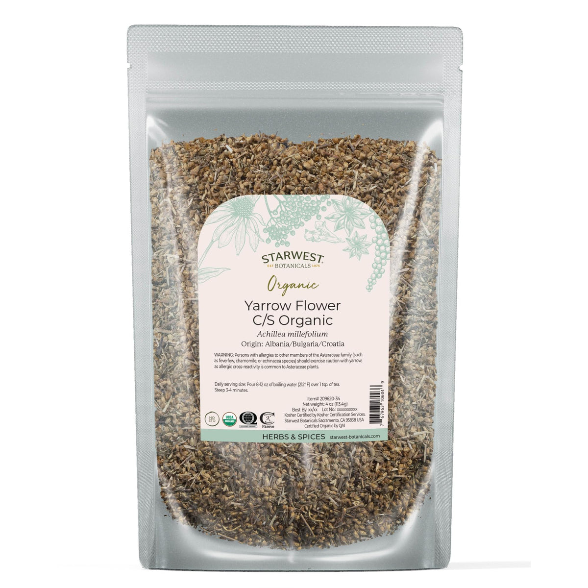 Starwest Botanicals Yarrow Flowers bag front showing premium dried herb