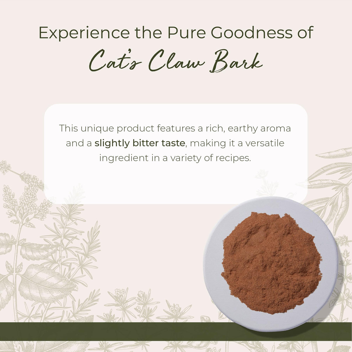 Starwest Cat's Claw Bark Powder bag closeup highlights earthy aroma