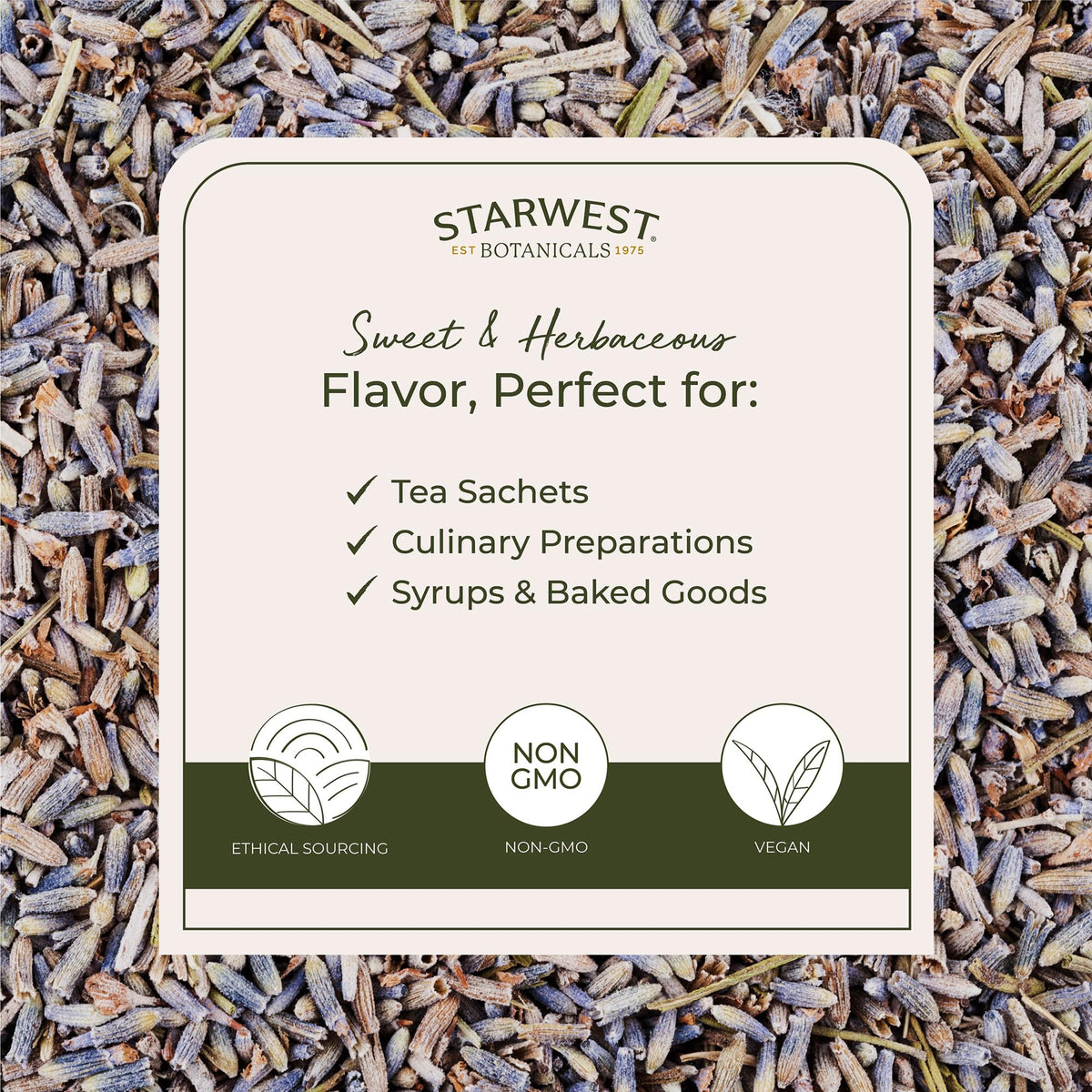 Starwest organic lavender flowers ideal for crafts, potpourri, or body care projects.