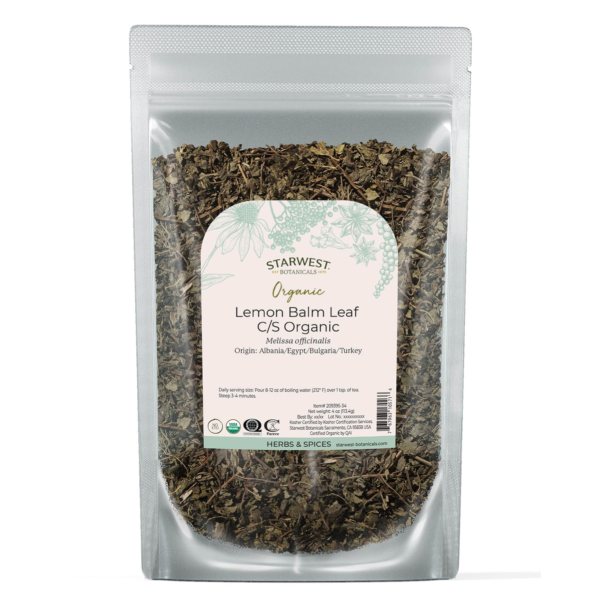 Starwest Organic Lemon Balm Leaves in a bag, premium dried herb for tea and cooking.