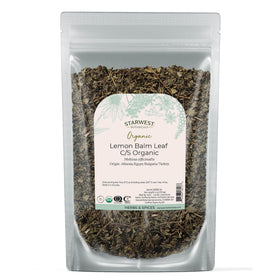 Starwest Organic Lemon Balm Leaves in a bag, premium dried herb for tea and cooking.