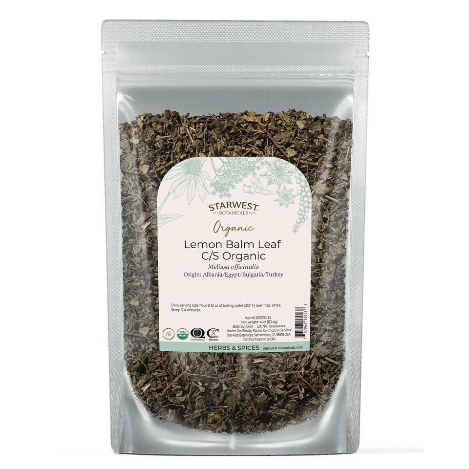 Starwest Organic Lemon Balm Leaves in a bag, premium dried herb for tea and cooking.