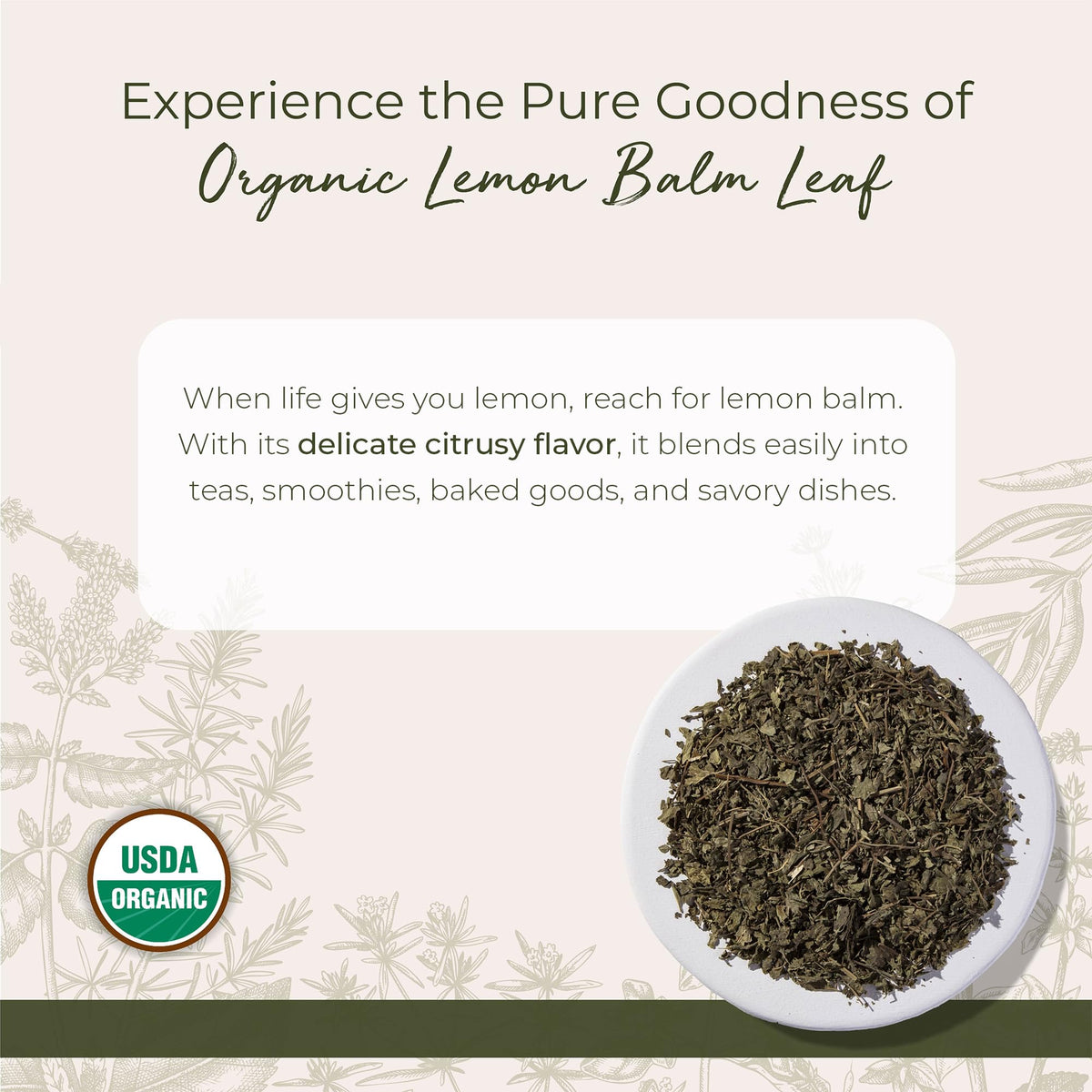 Starwest Lemon Balm Leaves closeup, fragrant citrus aroma for infusions.