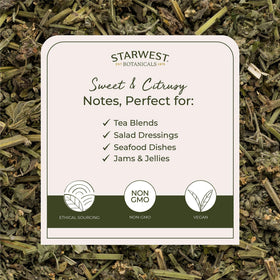 Starwest Organic Lemon Balm Tea brew scene, soothing herbal notes.