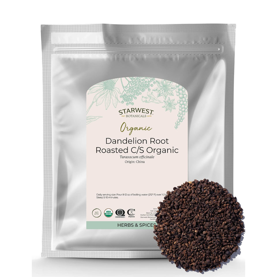 Starwest Botanicals roasted dandelion root tea bag with warm aroma ideal for a soothing cup.