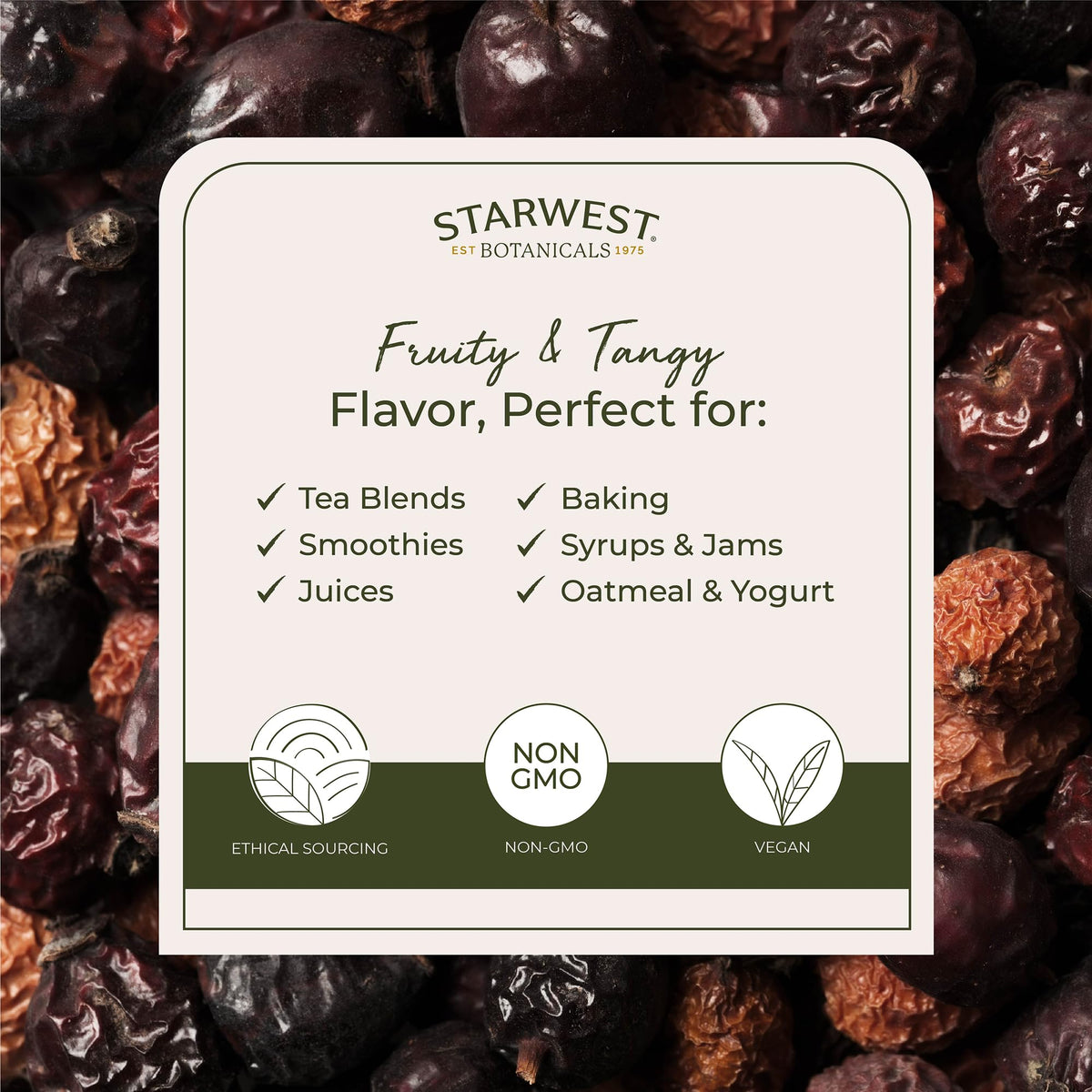 Cut and sifted rosehips provide consistent texture in blends.