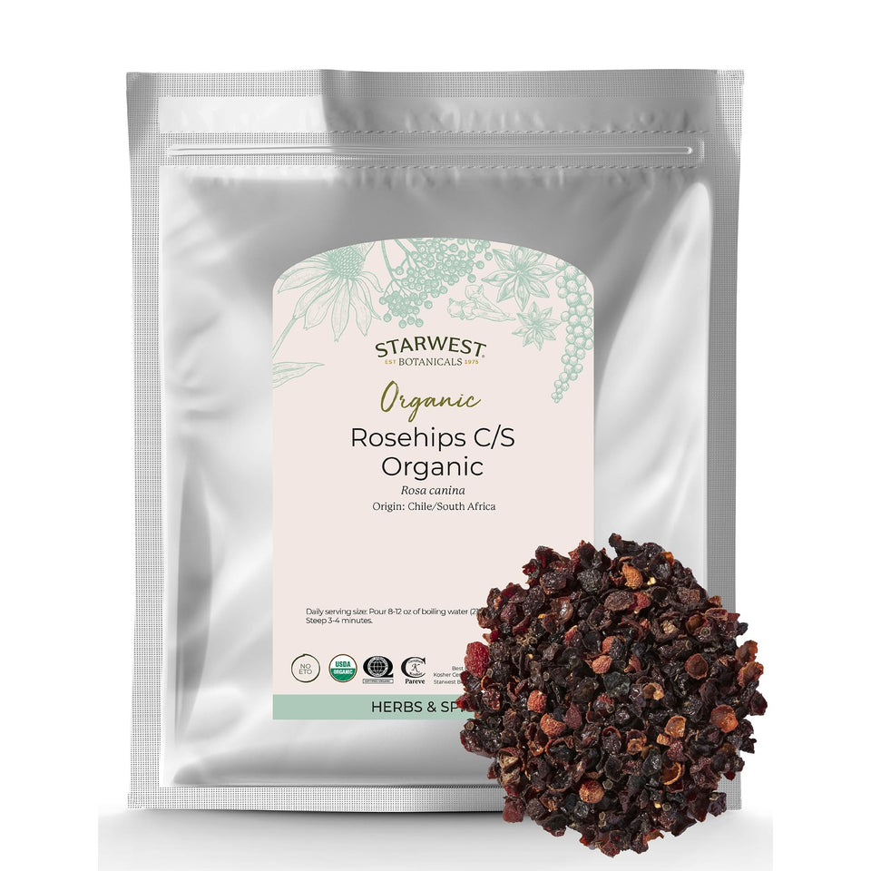 Starwest Botanicals organic dried rosehips in a bag for tea and baking.