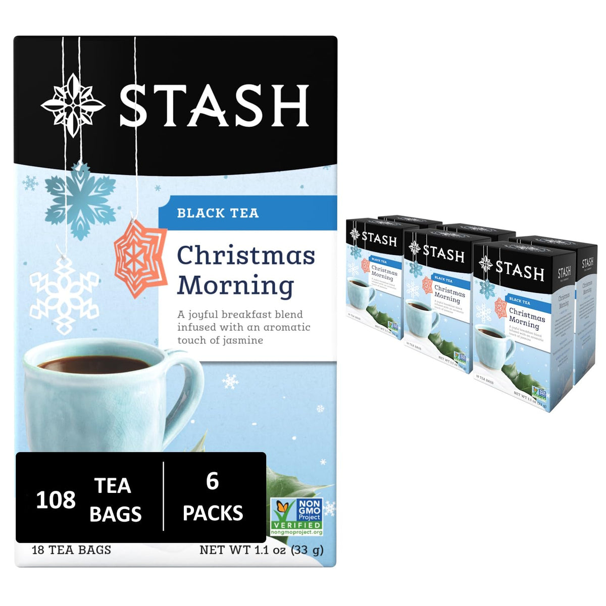 Stash Christmas Morning Black Tea box front with festive aroma in morning light