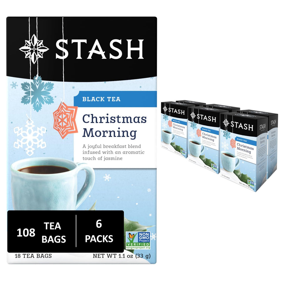 Stash Christmas Morning Black Tea box front with festive aroma in morning light