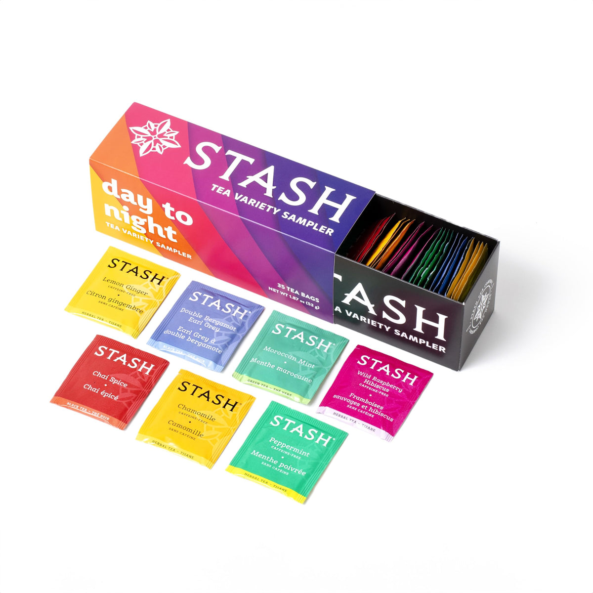 Stash Day to Night sampler pack close-up with seven flavors for a balanced routine.