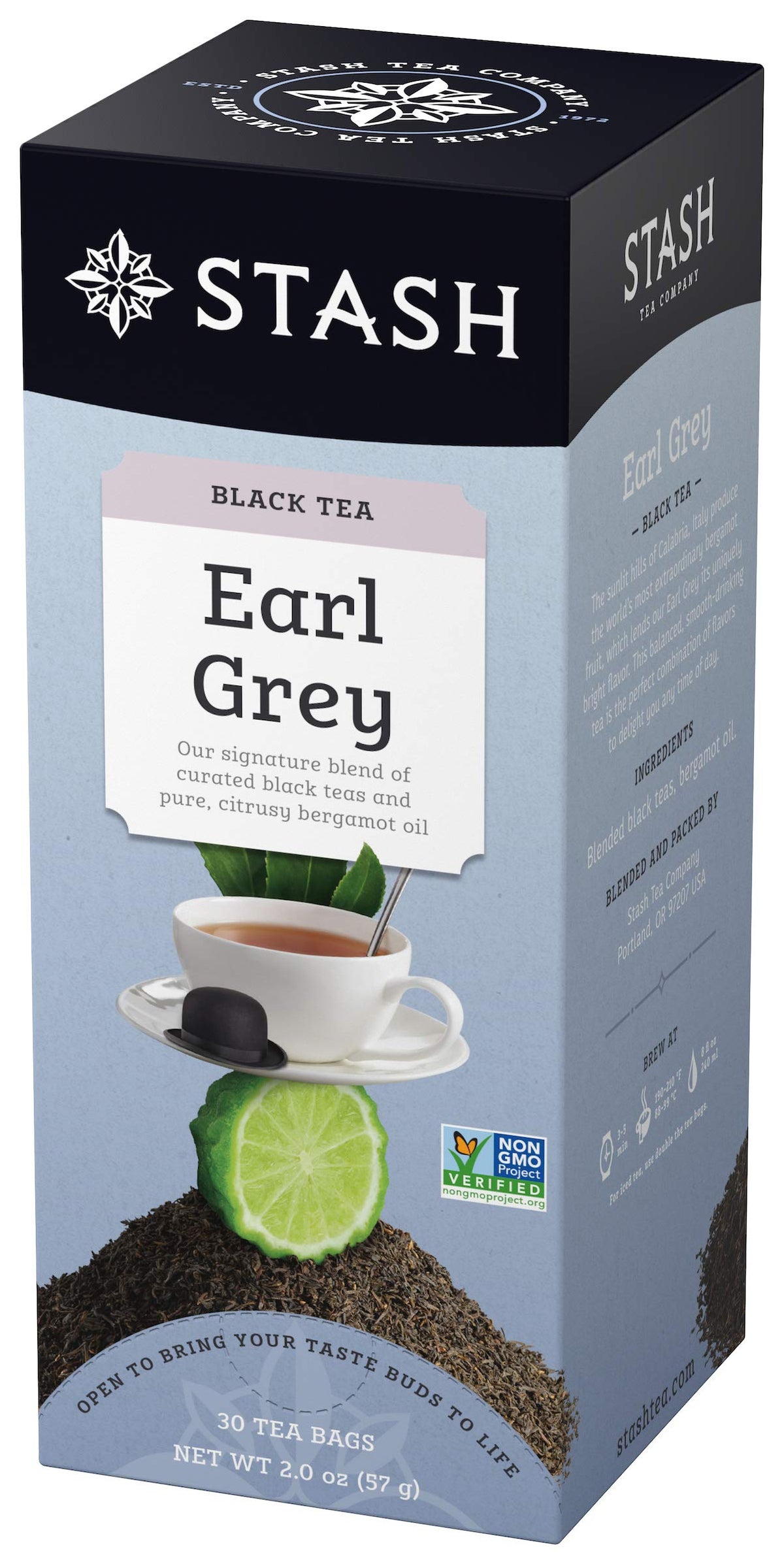 Stash Earl Grey tea bags beside front packaging with inviting citrus aroma.