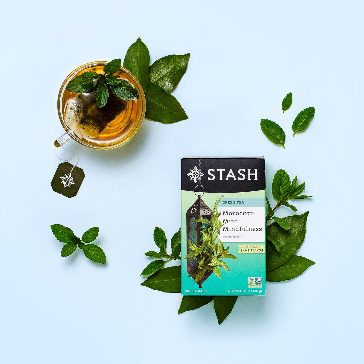 Eco friendly packaging of Stash tea with green branding
