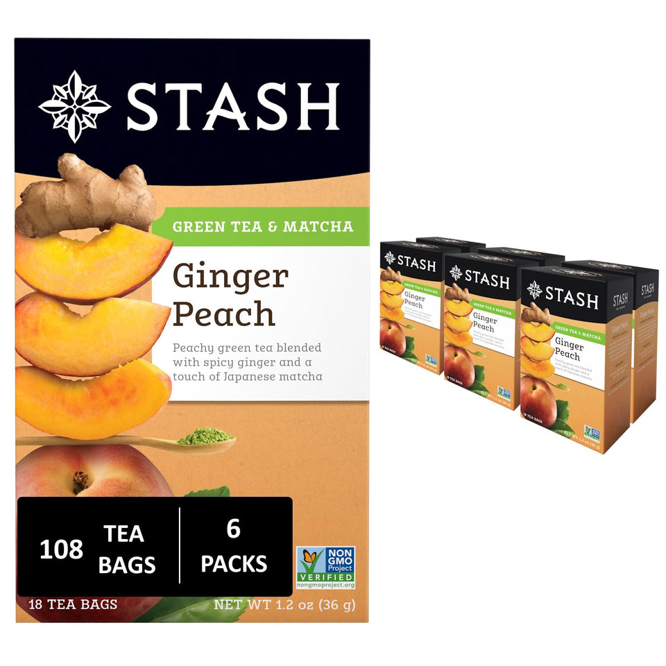 Stash Ginger Peach Green Tea box front showcases premium branding and inviting flavor.