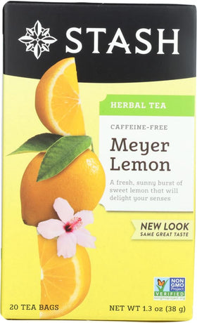 Stash Meyer Lemon Herbal Tea box showing a 20-count package for a citrusy afternoon break