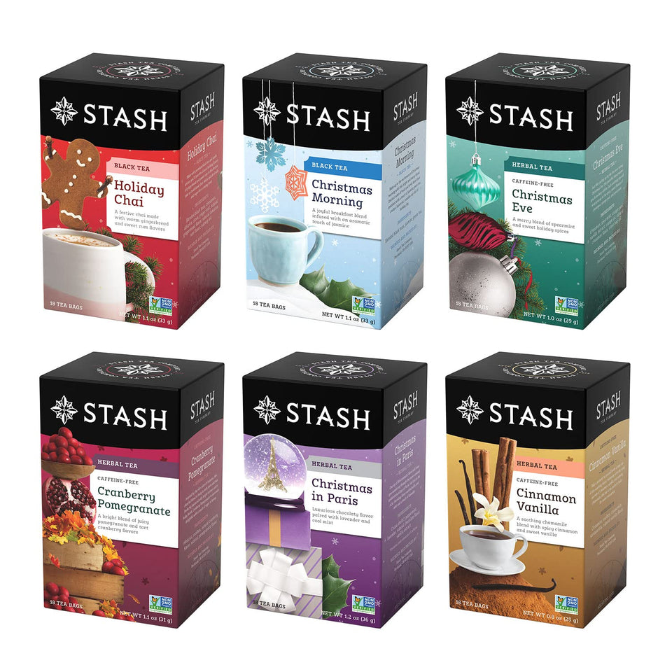 Stash Holidays sampler box-front showing festive tea variety for gifts and cozy mornings
