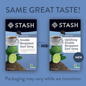 Hot cup of Stash Double Bergamot Earl Grey ready to sip.