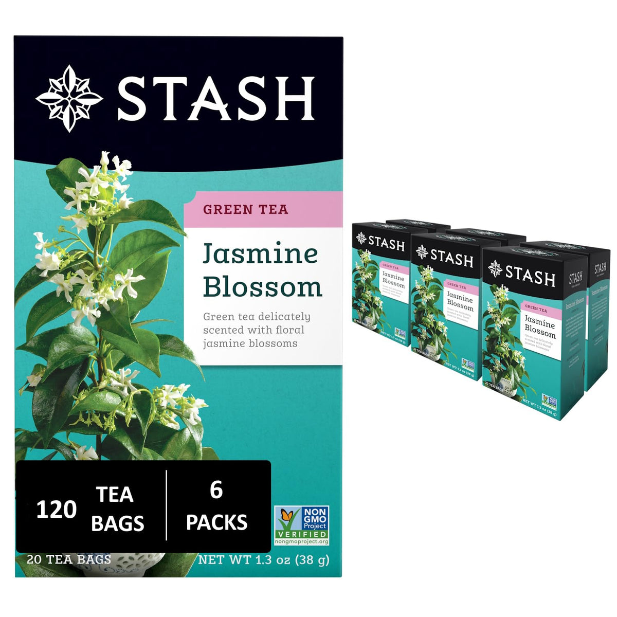 Stash Jasmine Blossom Green Tea box showing premium packaging for freshness
