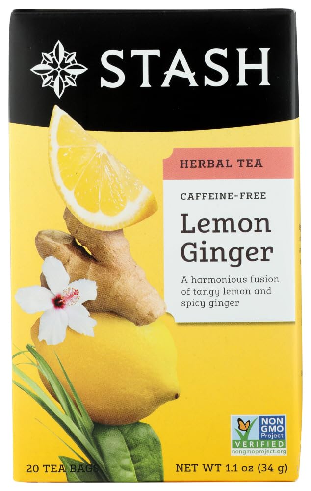 Stash Lemon Ginger Herbal Tea box showcases caffeine-free premium blend ready to enjoy.
