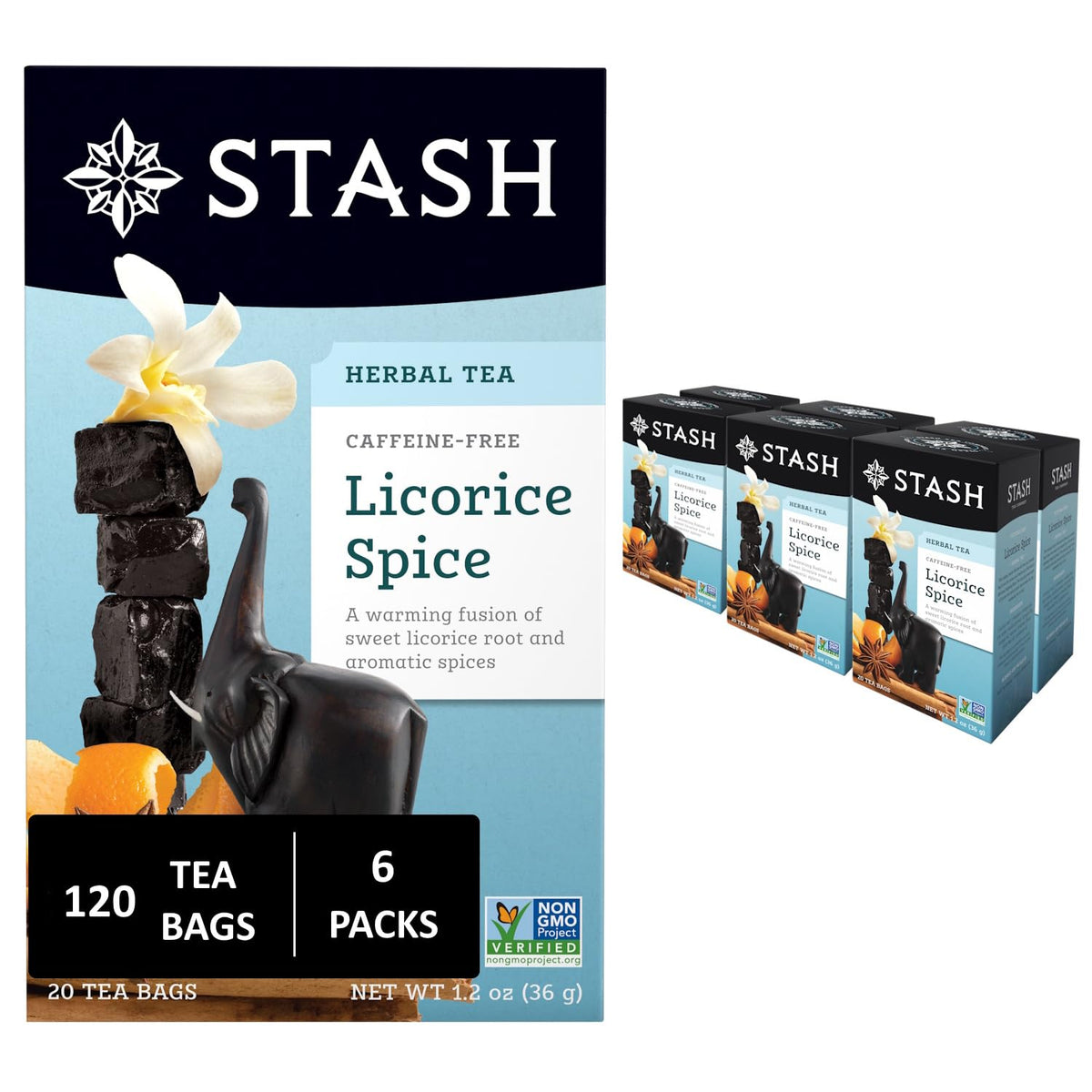 Stash Licorice Spice tea box front—warm, dessert-like aroma for hot or iced cups.