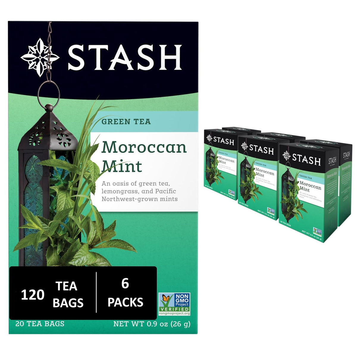 Stash Moroccan Mint Green Tea pack highlighting premium blend for daily refreshment
