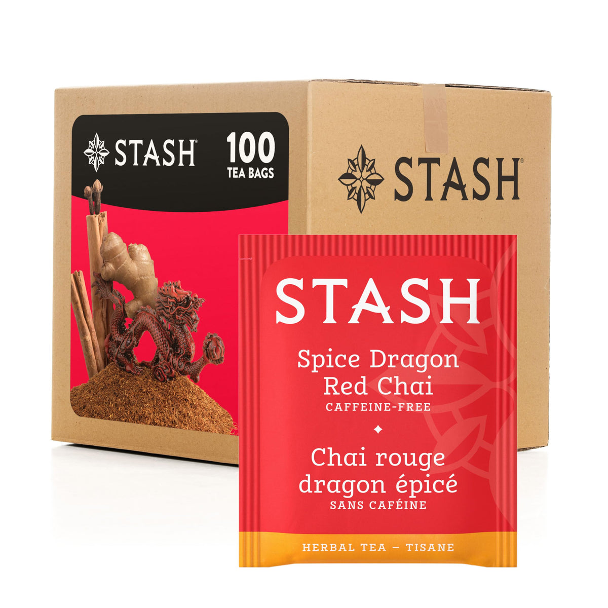 Stash Spice Dragon Red Chai box showcases caffeine-free warmth for cozy mornings.