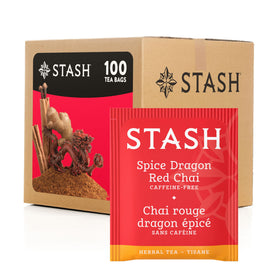 Stash Spice Dragon Red Chai box showcases caffeine-free warmth for cozy mornings.