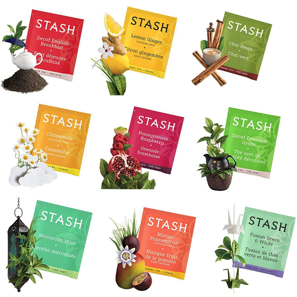 Stash tea bags sampler closeup label shows vibrant flavor names