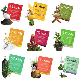 Stash tea bags sampler closeup label shows vibrant flavor names