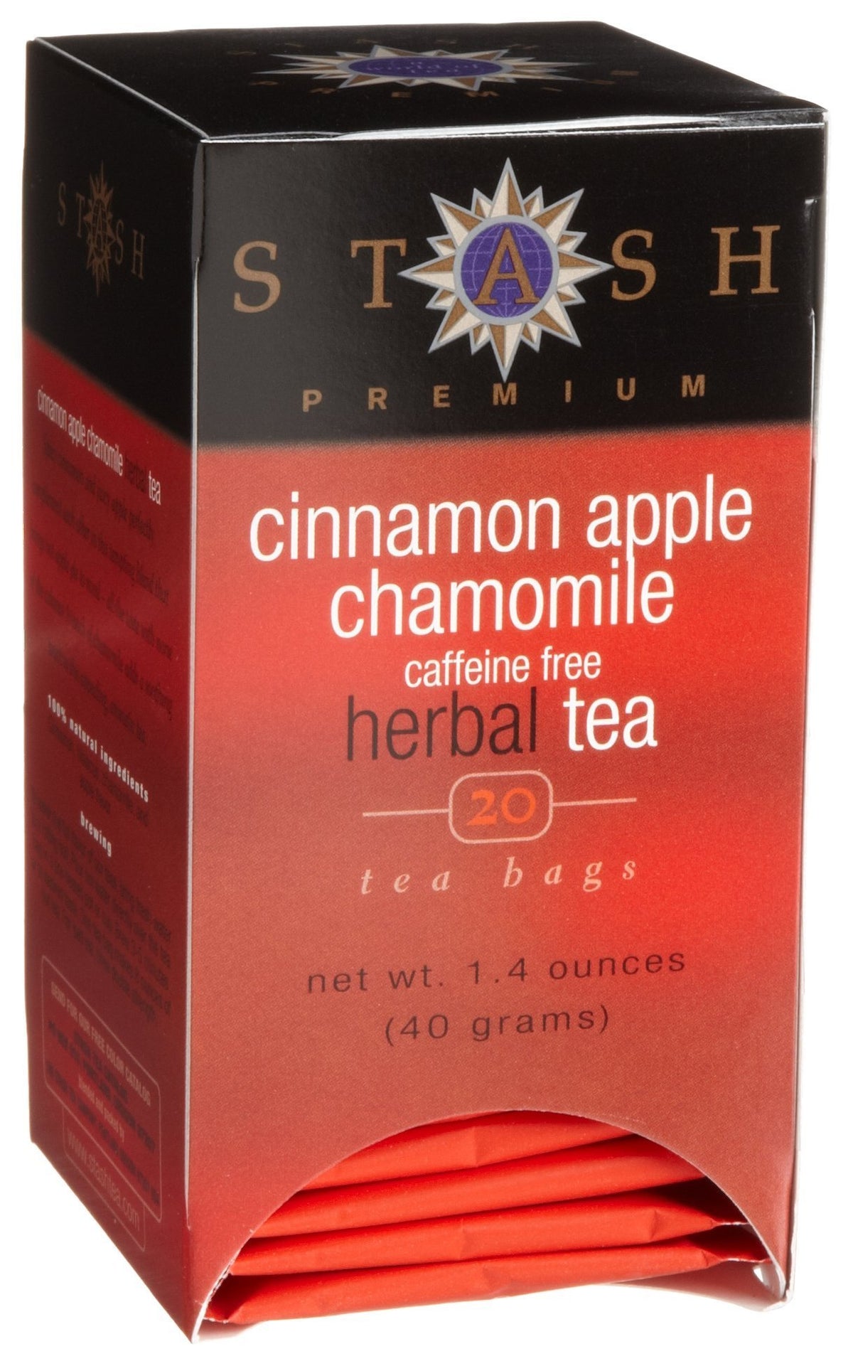 Brewed cup featuring Stash Tea emphasizes caffeine-free, zero-calorie sipping.