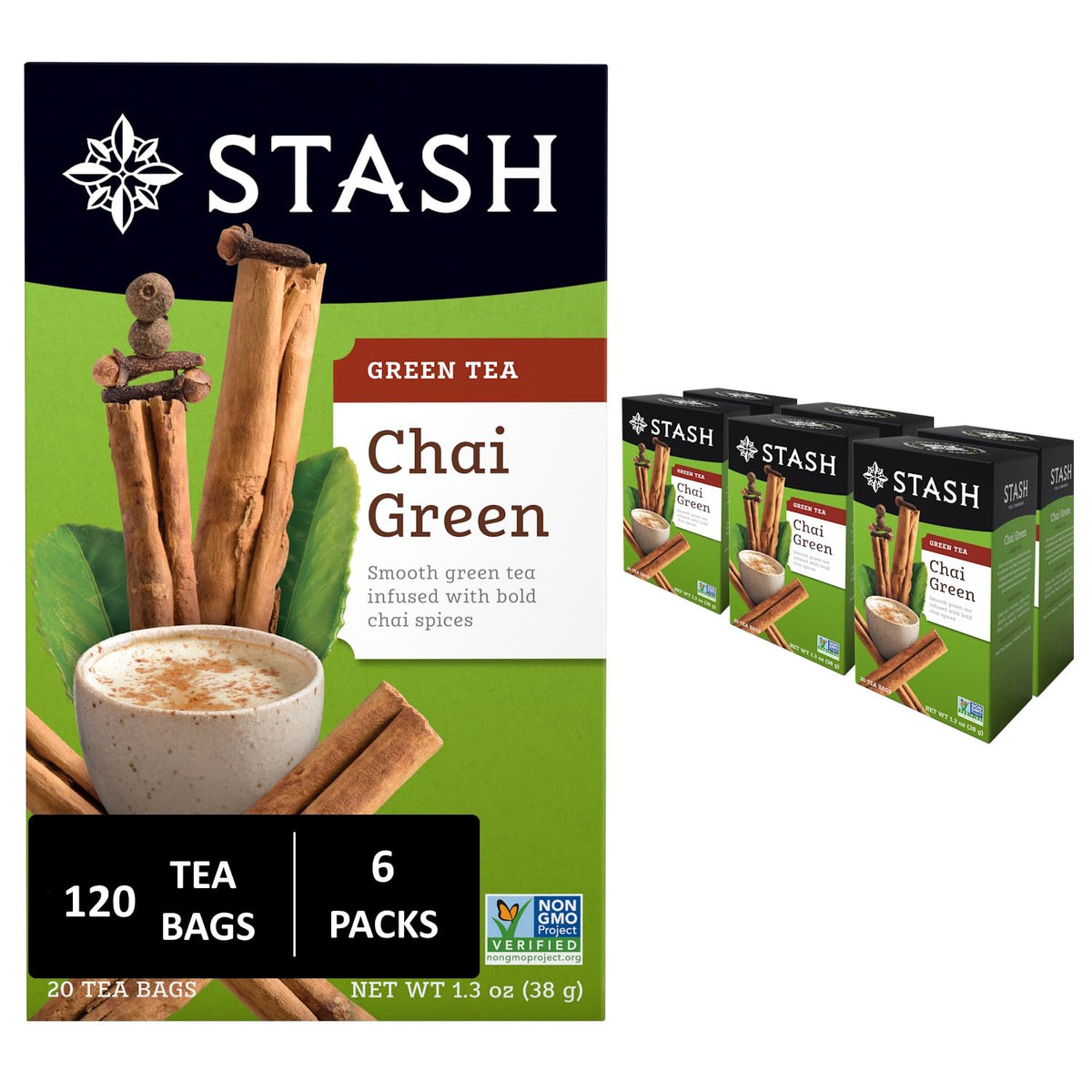 Stash Tea Chai Green Tea packaging shows the six-box multipack for easy daily brews.