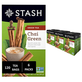 Stash Tea Chai Green Tea packaging shows the six-box multipack for easy daily brews.